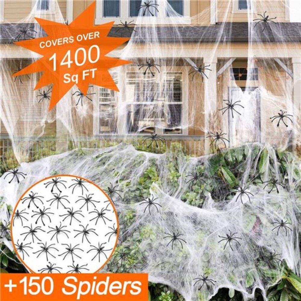 1400 sqft Halloween Spider Web Decorations with 150 Fake Spiders Indoor Outdoor - Picture 3 of 7